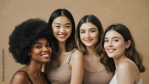 group of diverse young women posing on beige background