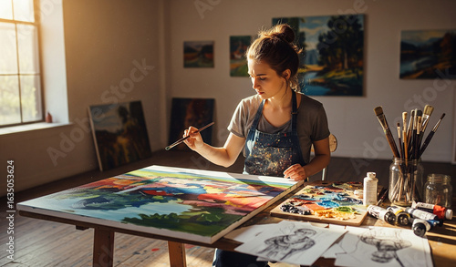 Young female artist painting on large canvas in sunlight studio