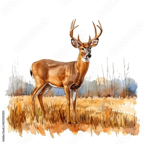 White-tailed Deer, watercolor clipart vector, isolated on a white background.