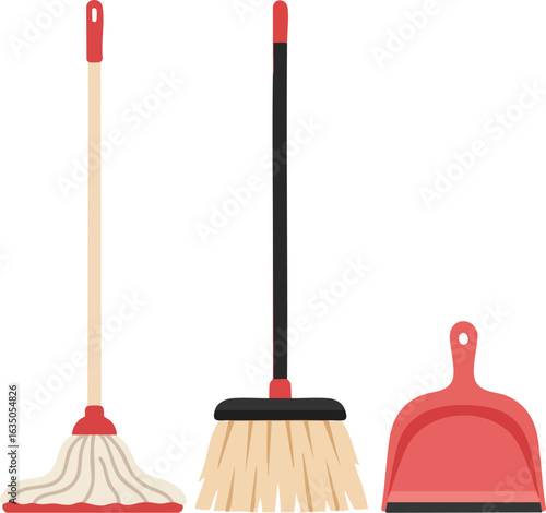 Cleaning tools set with mop broom and dustpan in red and beige handles household essentials vector illustration 