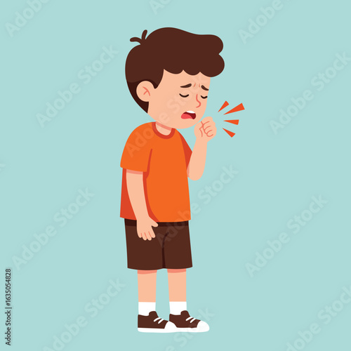 Boy coughing wearing orange shirt and brown shorts vector illustration showing sickness symptom or cold condition 