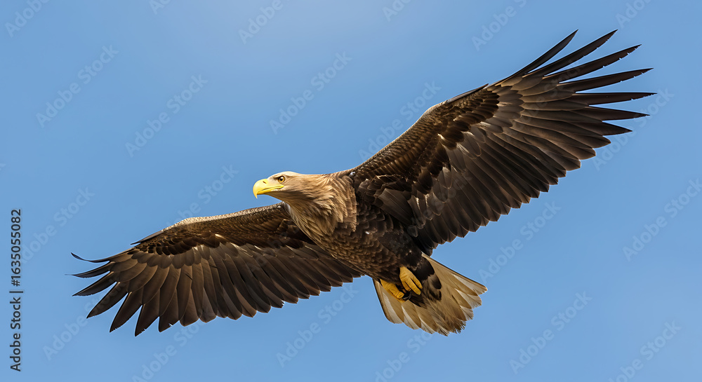 Obraz premium Majestic Eagle in Flight Against Clear Blue Sky with Wings Spread Wide and Detailed Feathers