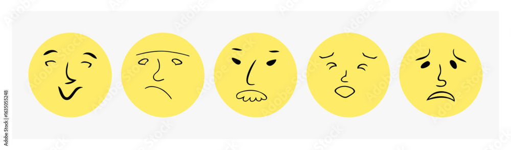 Fototapeta premium Set comic faces round abstract various emotions. Drawing with pen, liner. Cartoon flat design