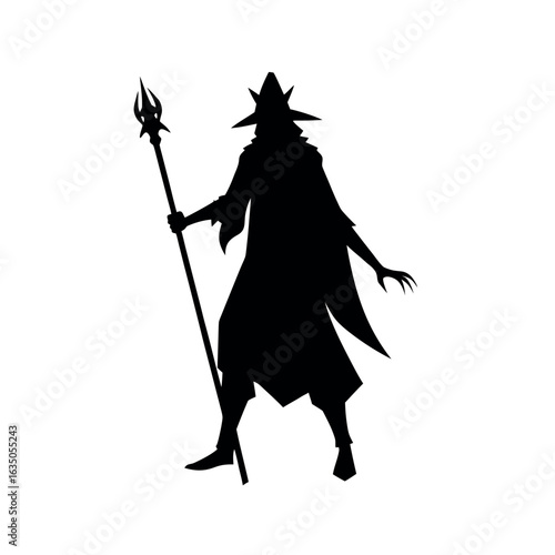 Silhouette of a warlock holding a magic staff