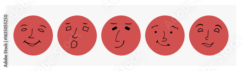 Collection comic faces round abstract various emotions. Drawing with pen, liner. Cartoon flat design