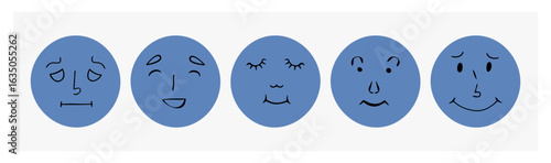 Abstract facial images, various emotions, comic faces.Drawing with pen, liner. Cartoon flat design