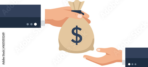 Business transaction with hands exchanging money bag illustration in flat style for financial concept and investment ideas 
