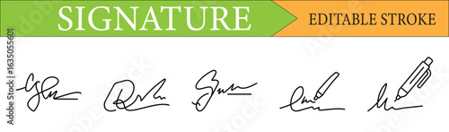 Editable Stroke Signature and Autograph Line Icons
