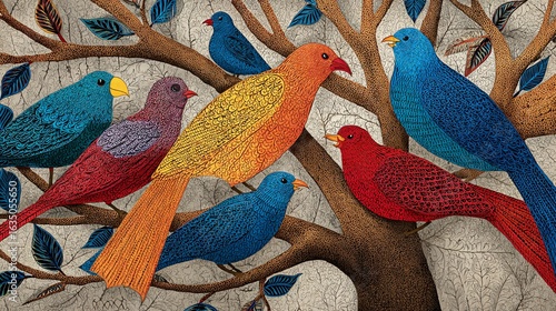 Vibrant Traditional Gond Folk Art: Colorful Cultural Heritage Illustration