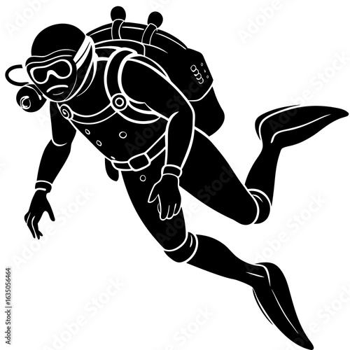 Black Silhouette of a Scuba Diver with Equipment diving underwater