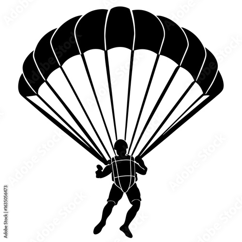 Silhouette of a skydiver descending with an open parachute against a white background skydiving paraglider