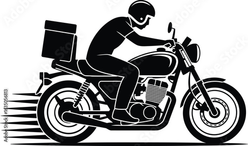 Motorcycle delivery man in silhouette speeding with food container graphic illustration for express service transportation industry and modern lifestyle