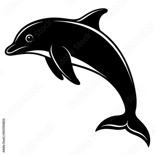 Black Silhouette of a Dolphin Leaping Out of Water on White Background black and white jumping