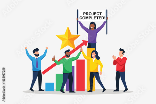 Vector illustration of a team celebrating project completion with a success chart and a demonstration of enthusiastic teamwork