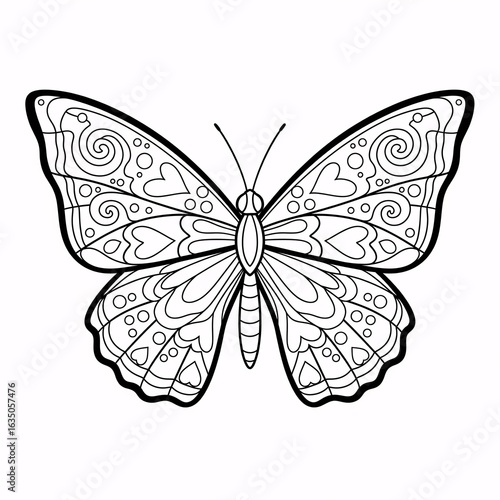 Printable butterfly coloring page for kids, spring activity, educational worksheet, line art, high resolution