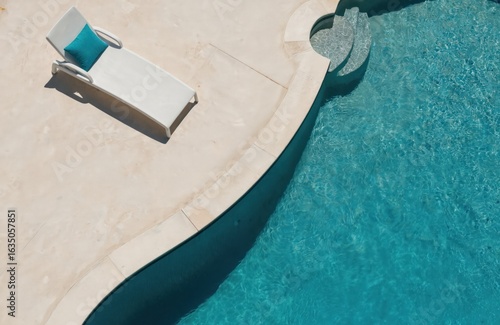 Aerial view of tranquil swimming pool with sun lounger, turquoise water. Relaxing chaise lounge with teal cushion sits on beige stone deck beside clear blue water. Peaceful vacation, resort setting.
