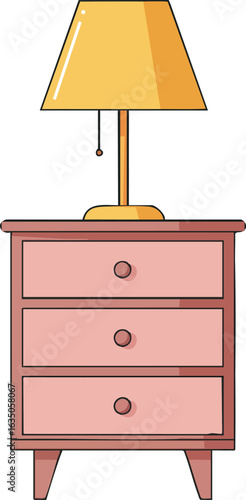 Mid-century modern wooden dresser with yellow lamp vector illustration in simple style 