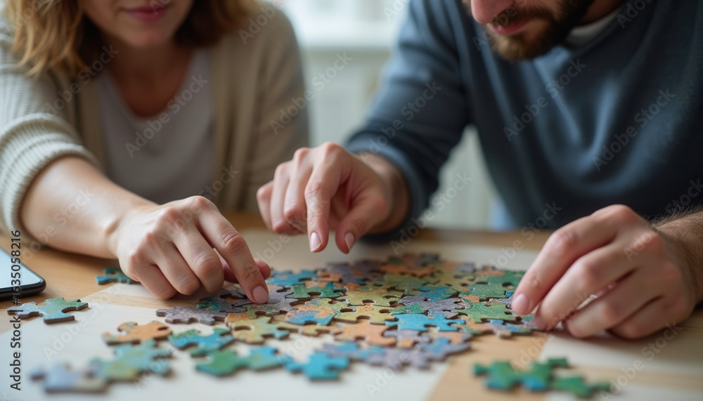 Fototapeta premium Couple assembling jigsaw puzzle together at home on wooden table