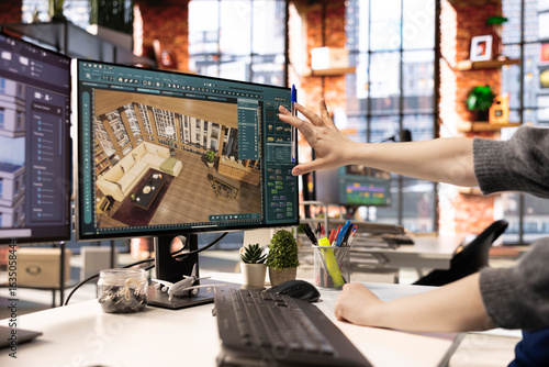 Freelancer designs a home interior using architectural software on her PC, program provides a detailed catalog of furniture and flooring options. Professional 3D rendering and virtual set design.