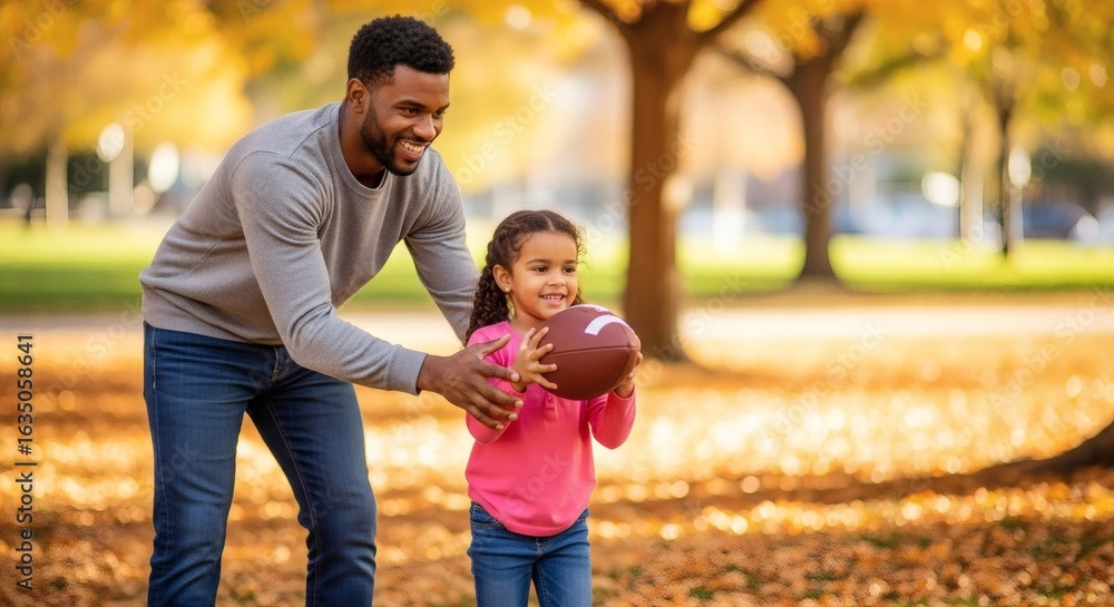 Fototapeta premium Father daughter football fall season fun lifestyle activity family love outdoors park happiness together game
