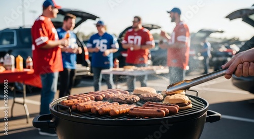 Tailgate party grill hotdogs burgers grilling football fans food celebration gathering outside event