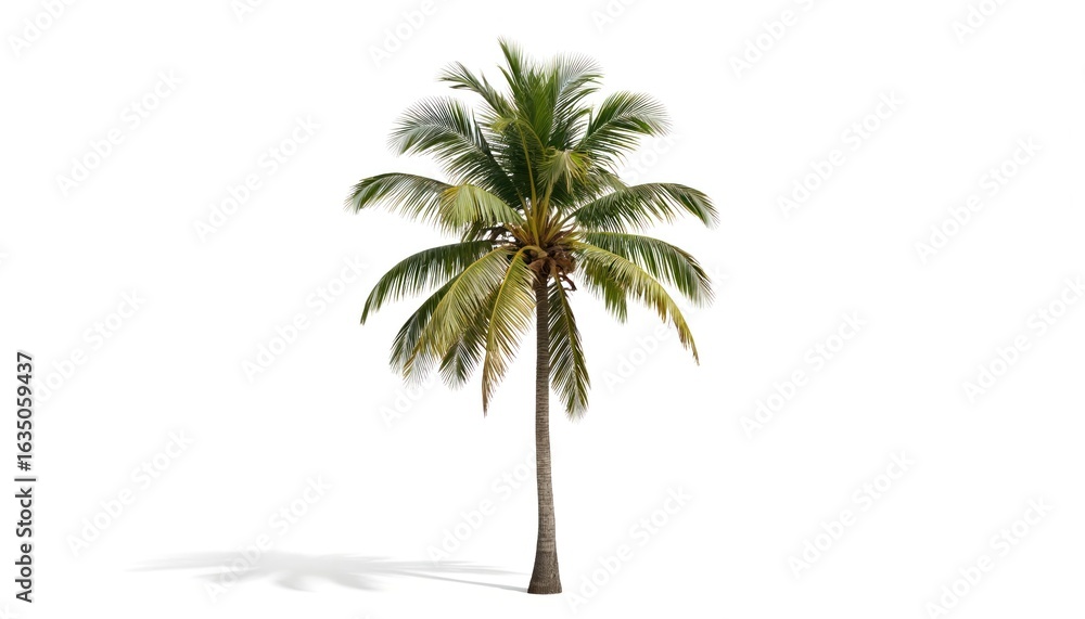 Obraz premium Single coconut palm tree with green leaves isolated on white background. Tall slender trunk, tropical plant represents summer vacation, exotic island travel, paradise beach locations. Natural beauty.
