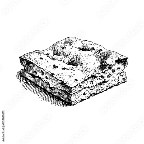 Engraving style illustration of square focaccia sandwich with filling in black and white on transparent background – Culinary vector for food packaging, Italian recipe books, and deli branding