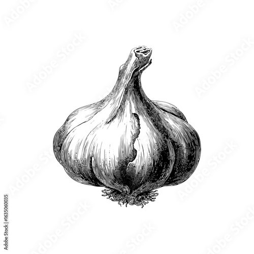Engraving style illustration of whole garlic bulb with layered cloves in black and white on transparent background – Botanical vector for spice labels, herbal cookbooks, and organic product branding