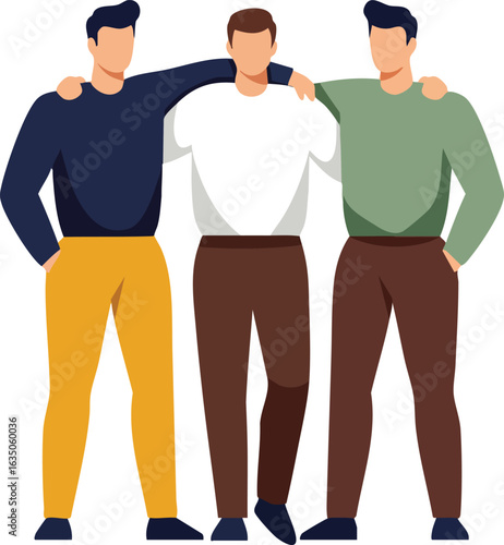 Three men standing together with arms around shoulders showing friendship and unity illustration 