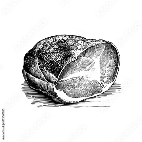 Engraving style illustration of whole smoked ham with cut section in black and white on transparent background – Meat vector for butcher branding, packaging labels, and cookbooks