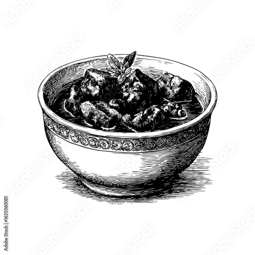 Engraving style illustration of hearty goulash or meat stew in bowl in black and white on transparent background – Culinary vector for Eastern European cookbooks, food packaging, and rustic recipe car