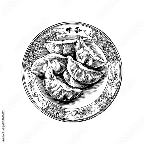 Engraving style illustration of Chinese dumplings served on ornate plate in black and white on transparent background – Food vector for restaurant branding, packaging, and culinary blogs