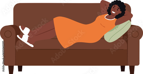 Relaxed woman lying on sofa wearing orange dress and white shoes indoors vector illustration 