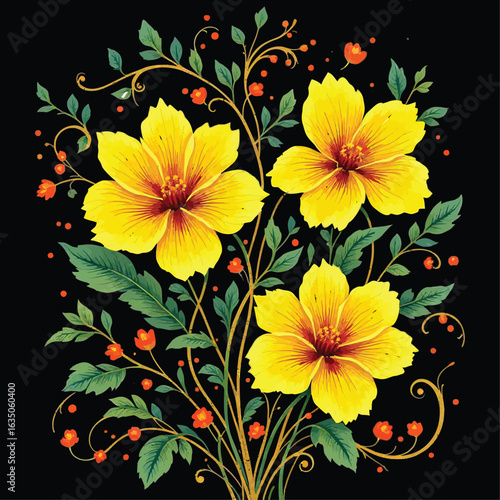 Vibrant Floral Design – Yellow Flowers with Red Centers, Green Leaves, and Swirling Vines on Black Background Illustration