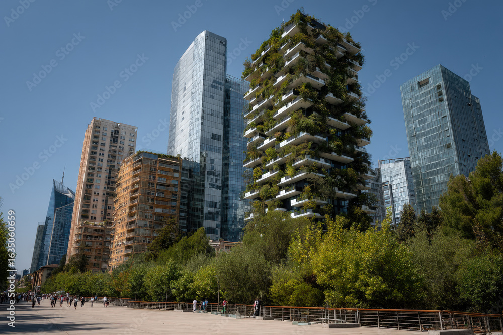 Fototapeta premium lush urban landscape featuring buildings with green facades and modern structures topped with green roofs