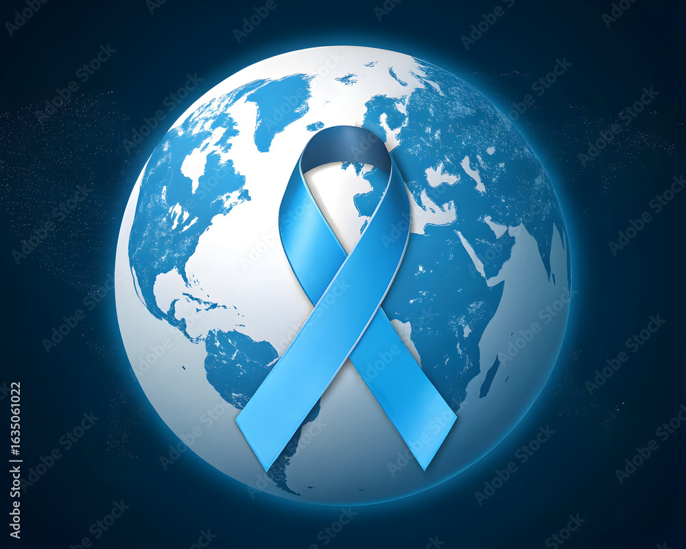 Fototapeta premium A bright blue awareness ribbon draped across a stylized globe showing continents and oceans on a dark blue background