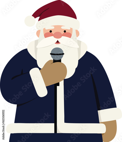 Santa Claus singing with microphone in navy blue and red Christmas outfit festive vector illustration 