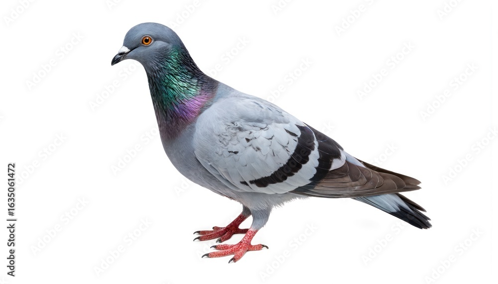 Fototapeta premium Single grey pigeon stands isolated on clean white background, detailed feathers, vibrant iridescent neck. Studio shot provides clear, elegant portrait of common urban bird, solitary nature,