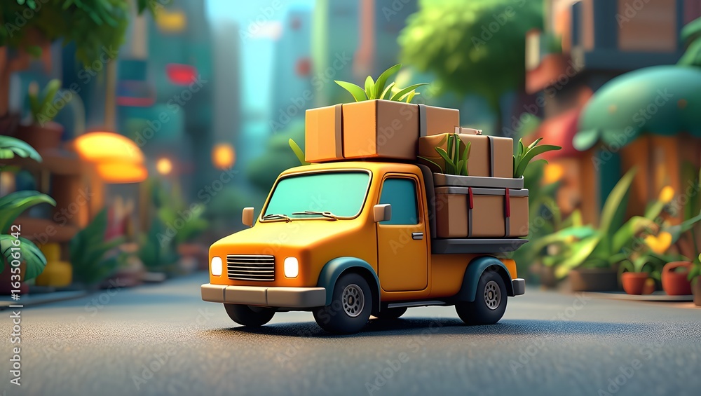 Obraz premium Yellow Delivery Truck with Packages in a Tropical City Setting