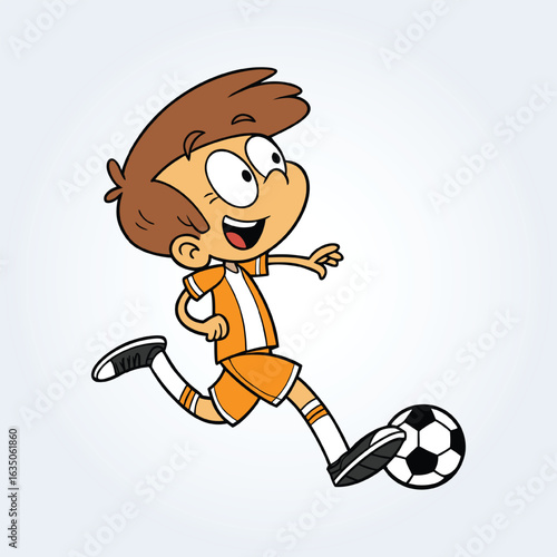 an character illustration of a boy playing football in dark orange kit