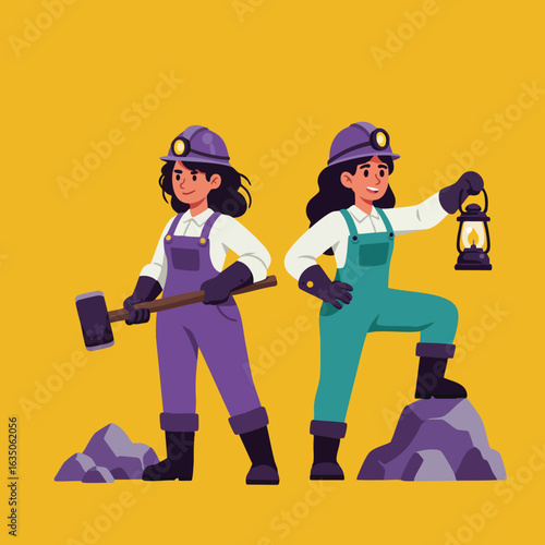 Female Miners Working Underground with Helmet and Lantern Holding Hammer and Rock in Mining Industry Vector Illustration 
