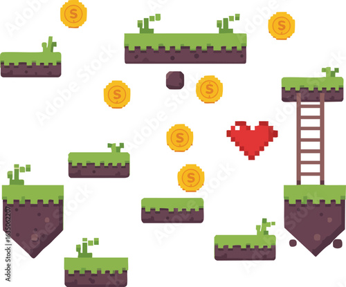 Pixel art style game level with floating grass platforms coins ladder and heart vector illustration 