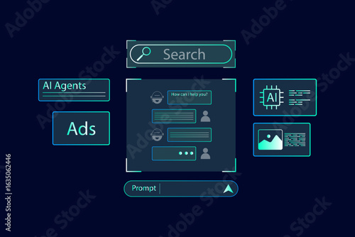 AI search interface on tablet, featuring intelligent chatbot, prompt input, and futuristic digital assistant for next-gen artificial intelligence technology.