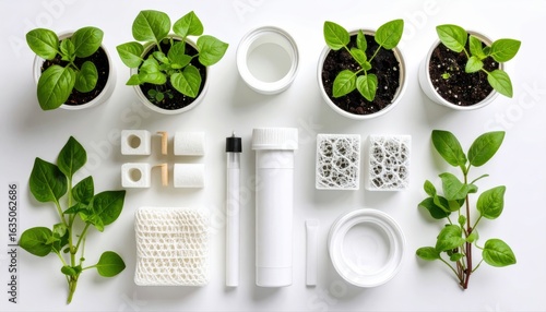 Plant growth experiment indoor gardening setup with supplies and seedlings white background aesthetic arrangement