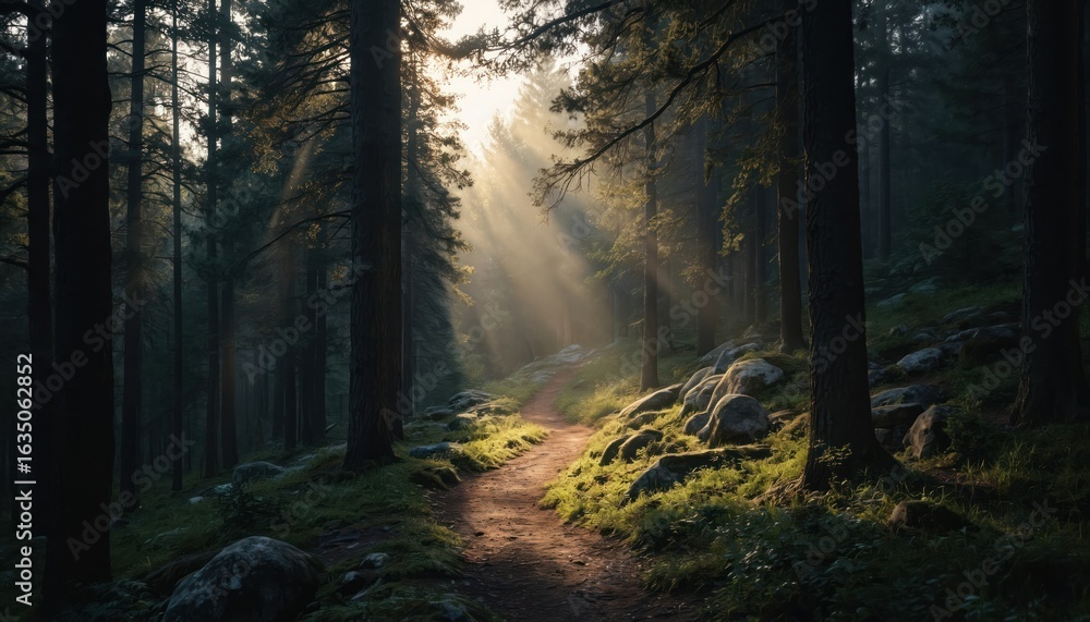 Fototapeta premium Forest trail winds through tall pine trees with morning light streaming through branches creating sunbeams. Path meanders past mossy rocks, inviting hikers into tranquil woodland scene. Green
