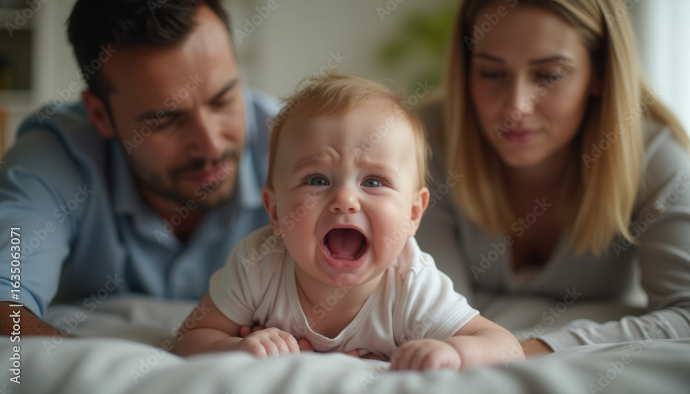 Obraz premium Baby crying while lying on bed with parents looking concerned 