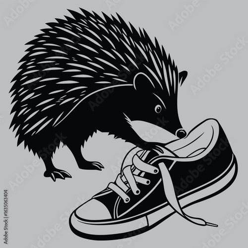 Hedgehog Climbing Over Shoe silhouette vector design art and illustration