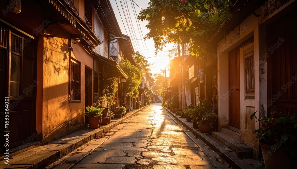 Fototapeta premium Golden hour street scene tranquil neighborhood photography warm light urban landscape serenity