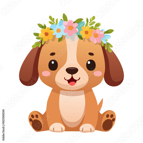 花冠をかぶった可愛い犬のキャラクターイラスト