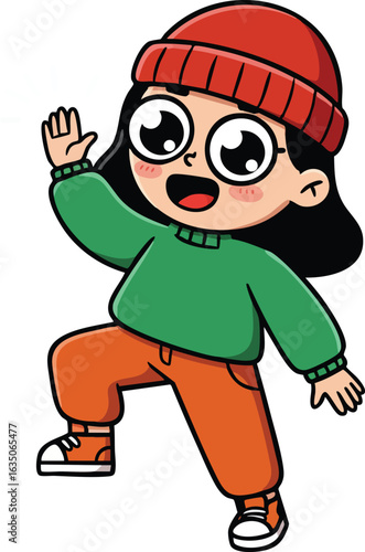 Child wearing red hat green sweater and orange pants waving hand in cheerful pose vector illustration 